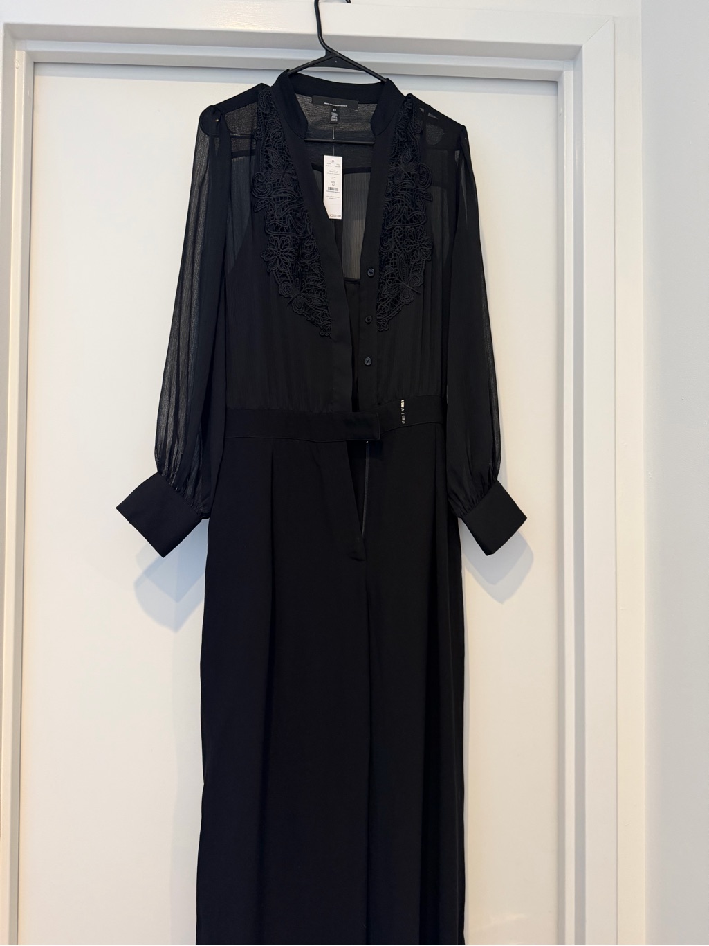 White House Black Market Black Sheer-Sleeve Jumpsuit With Embroidered Yoke